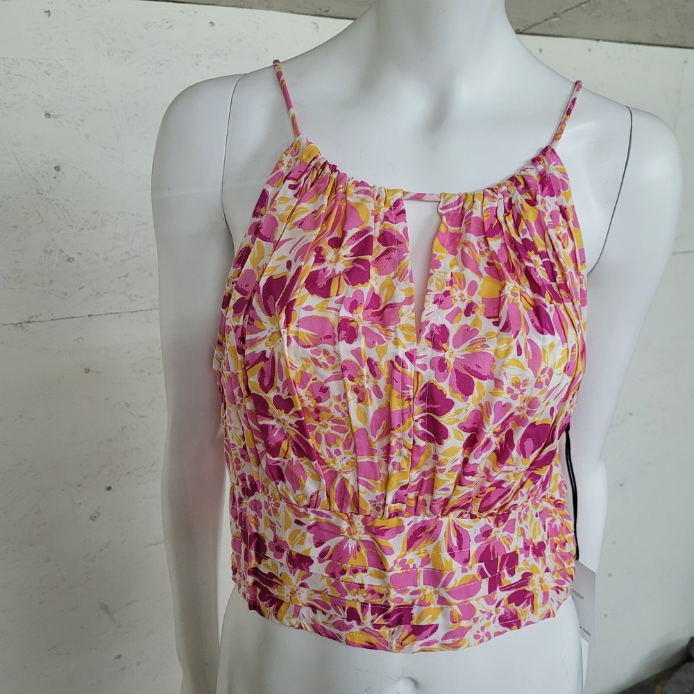 Japna Floral Halter‎ Top Tie Back Sleeveless Pink Yellow Women's Size L New